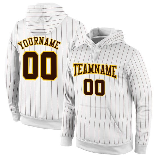 Custom Stitched White Brown Pinstripe Brown-Gold Sports Pullover Sweatshirt Hoodie Custom Stitched White Brown Pinstripe Brown-Gold Sports Pullover Sweatshirt Hoodie